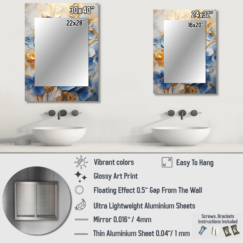 Blue And Gold Minimalism Pansy Radiance Bouquet II - Pansies Unique Wall Mirror Decor, Traditional Large Mirror, Printed Metal Art