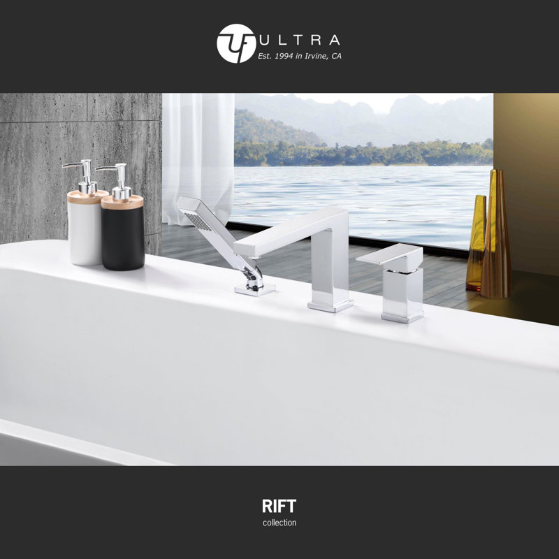 Rift Collection Two-Handle Deck-Mount 8.0 gpm Roman Tub Faucet with Pull-Out Hand Shower & Rough-In Valve - Chrome Polished