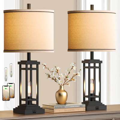 Ensemble de 2 lampes de table de campagne 27,5 "avec ports USB A + C, lampes de salon rustiques pour table de chevet de salon