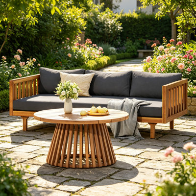 Lit de jour d'extérieur 3 places avec table basse en bois d'acacia, ensemble de meubles de patio