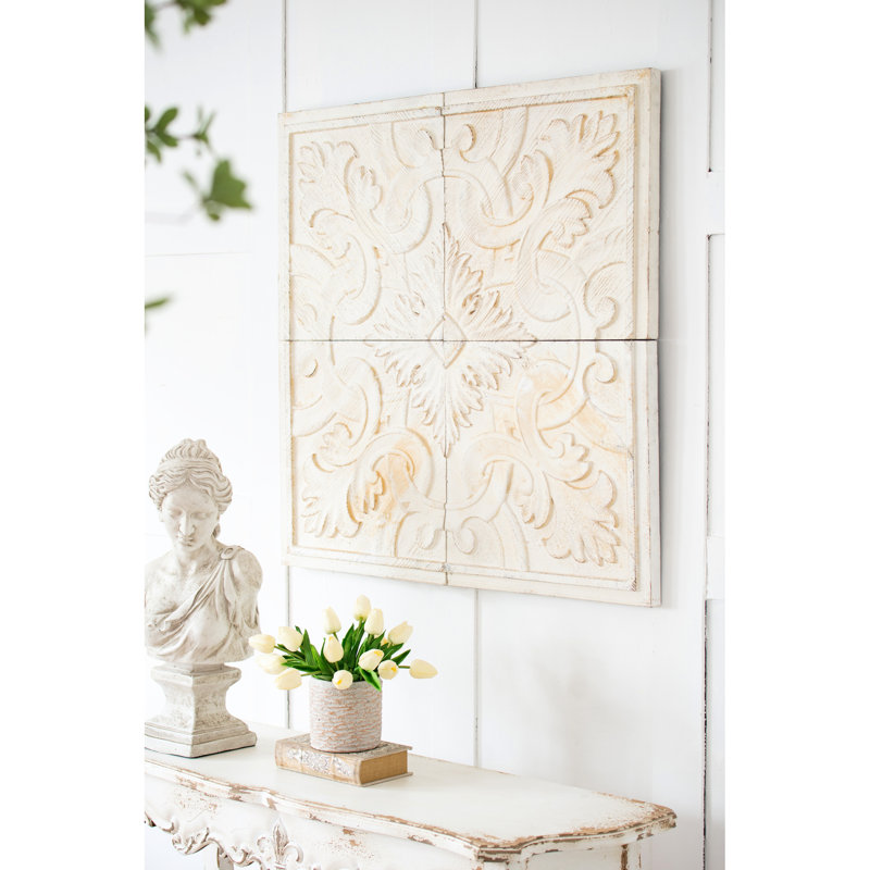 Distressed Wooden Wall Panels 17.5x17.5", 100% Natural Fir Wood, Intricate Feature For Various Interior Styles White-wash Finish, Medallion