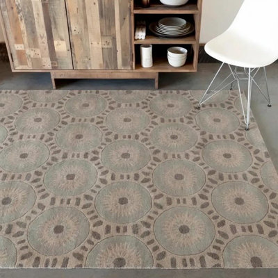Allie Authentic Hand-Tufted Handmade Light Blue & Grey Geometric Medallion Design on Cream Wool Area Rug