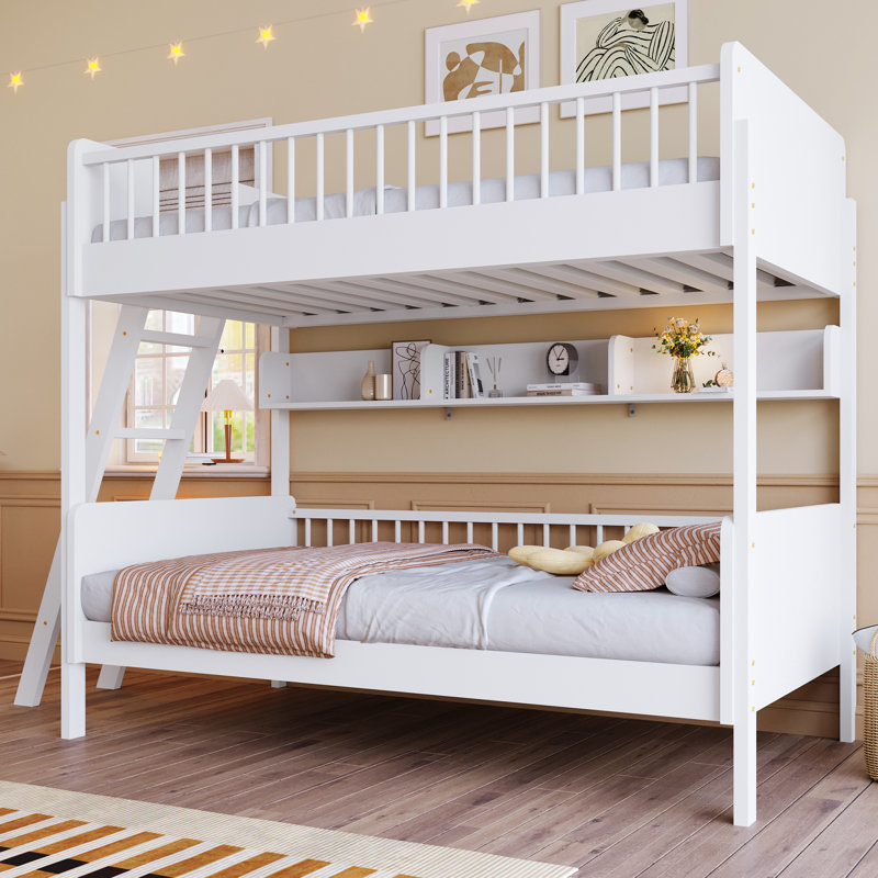 Twin Size Wooden Bunk Bed with 3 Storage Shelves, Adjustable Ladder, White, White