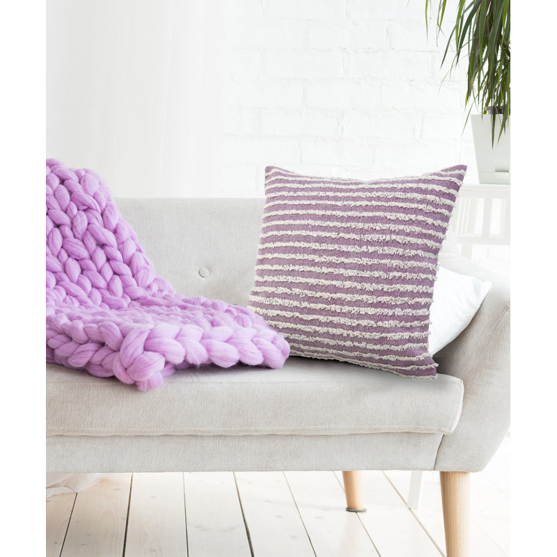 Contemporary Striped Textured Hand-Made 100% Cotton Decorative Throw Pillow, Lavender Mist/ Cream
