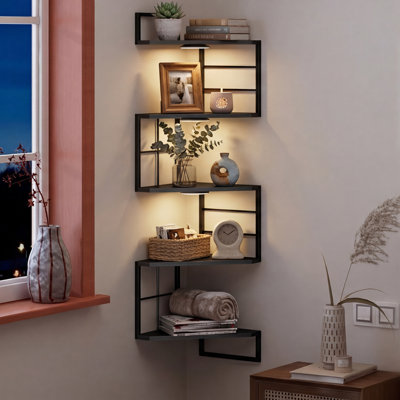 Floating Corner Shelves With Light - 5 Tiers Metal Corner Shelf Wall Mounted For Bedroom Living Room Office Kitchen, Easy-to-assemble Corner Wall Shelves, Brown