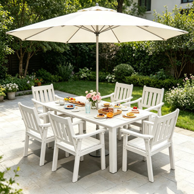 All Weather Outdoor Table and Chairs 7 Pieces Patio Dining Sets Outside Furniture With Umbrella Hole& Aluminum Frame HIPS Modern Patio Dining Set for 6 Person for Outside Backyard/Porch/Deck, 1-Tables 6-Chairs