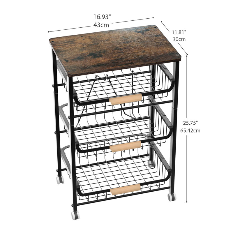 Fruit Basket for Kitchen, 4-5Tier Slide Out Metal Storage Baskets Carts Organizers Drawers with Wood Top and Handle with Rolling Wheels for Snacks Vegetables