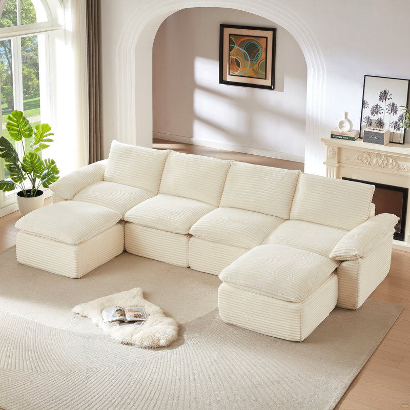 Canapé Corduroy Cloud, Velours côtelé blanc, H 35,43 po x l 141,74 po x P 70,07 po