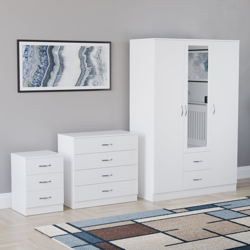 Maybery 3 Piece Bedroom Set (3 Drawer Bedside Chest, 4 Drawer Chest, 3 Door 2 Drawer Mirrored Wardrobe), (5), White