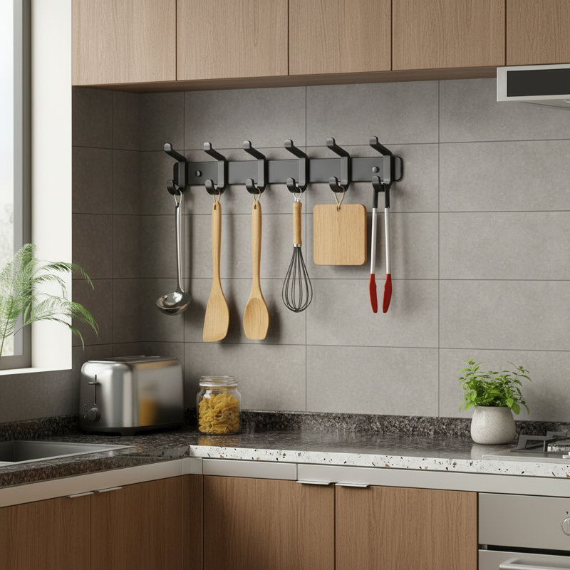 Black Wall-Mounted Heavy-Duty Metal Hanger (1-Pack) Comes With 6 Hooks. It Can Hang Hats, Clothes, Bathrobes, Keys, Backpacks, Bathroom Towels, Coats And Wallets, And Is Suitable For Wardrobes, Foyers, Entryways And Mudrooms.