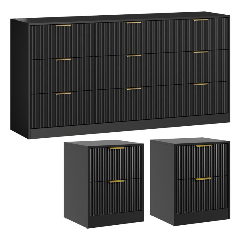 Ensemble 3 pièces commode 9 tiroirs et table de chevet 2 tiroirs, Black