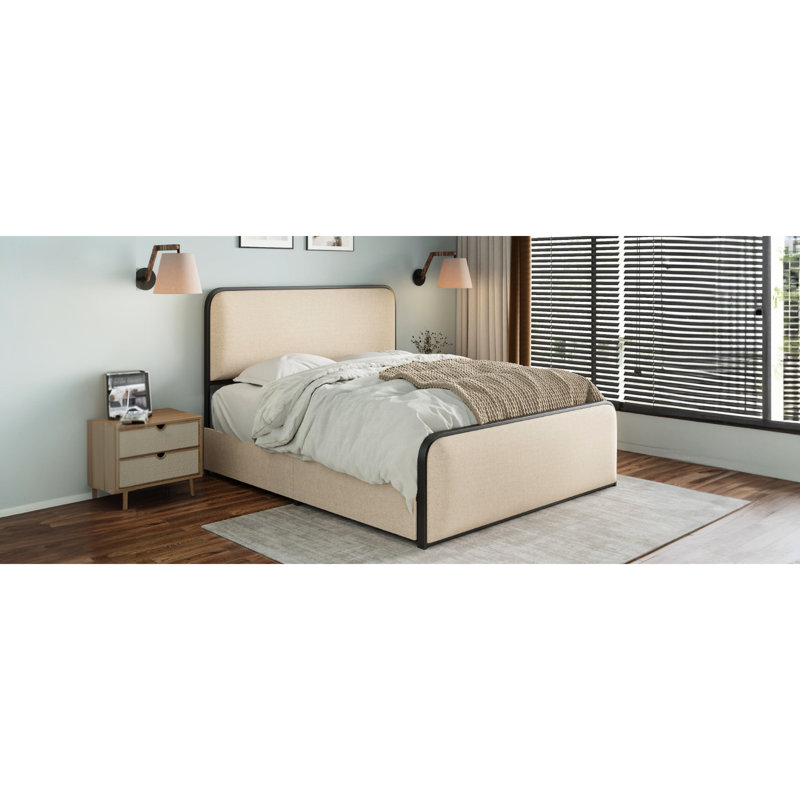 Modern Metal Bed Frame With Curved Upholstered Headboard And Footboard Bed With Under Bed Storage, Heavy Duty Metal Slats