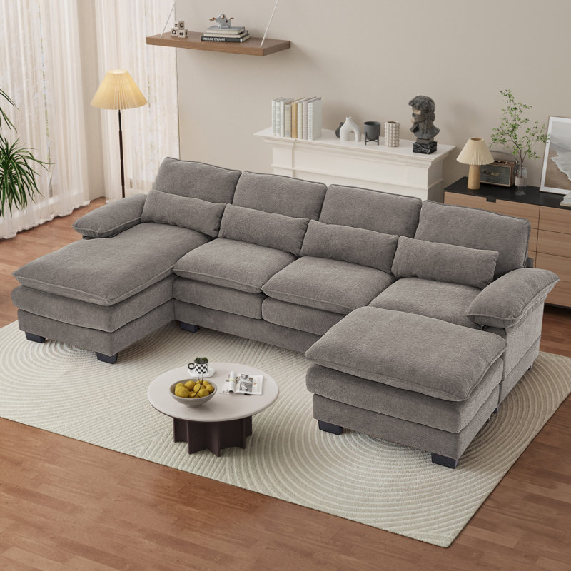  Canapé modulaire surdimensionné en U de 113 po de large avec accoudoirs larges, Polyester gris pierre