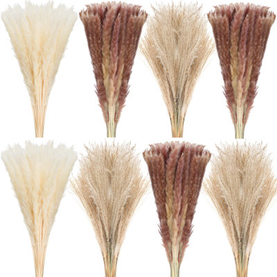 200 Pcs Dried Pampas Grass Decor 17 Inch Nature Dried Reed Fluffy Pompous Grass Bouquet Boho Decor Brown White Pampas For Wedding Home Table Rustic Farmhouse Party