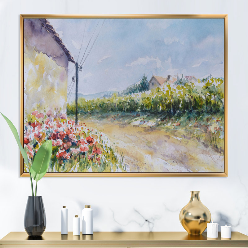 Fleurs de coquelicot par une campagne - peinture sur toile, H 12 po x l 20 po, Cadre flottant doré