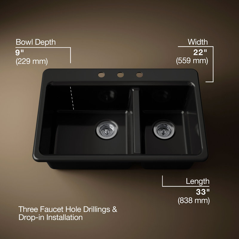 Riverby 33 In. Top-Mount Double-Bowl Kitchen Sink, 3 hole, Black, Large/medium bowls