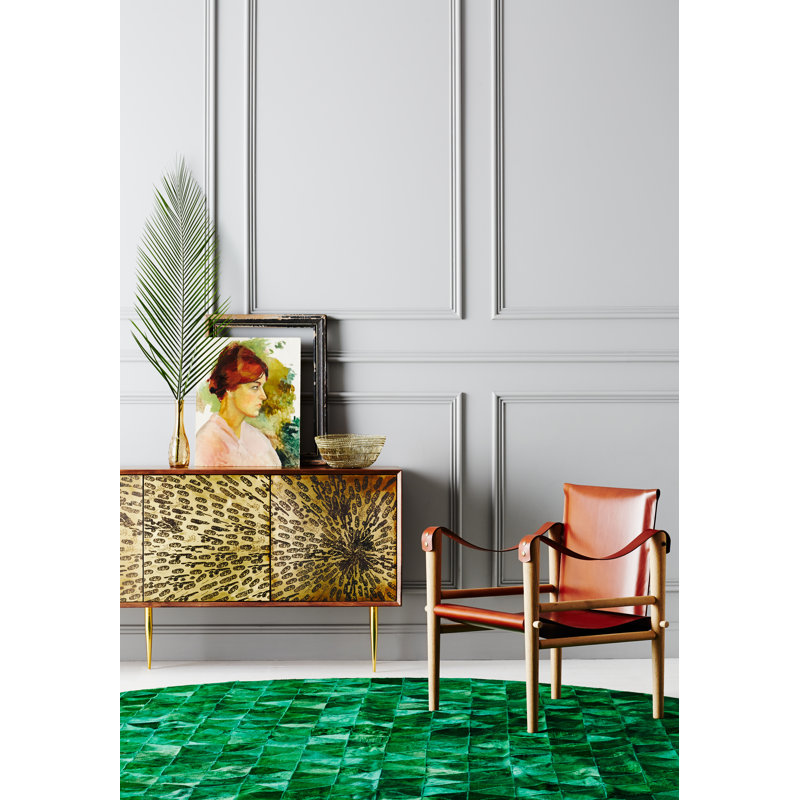 Trilogia Leather Geometric Area Rug in Emerald, Round 6'7"