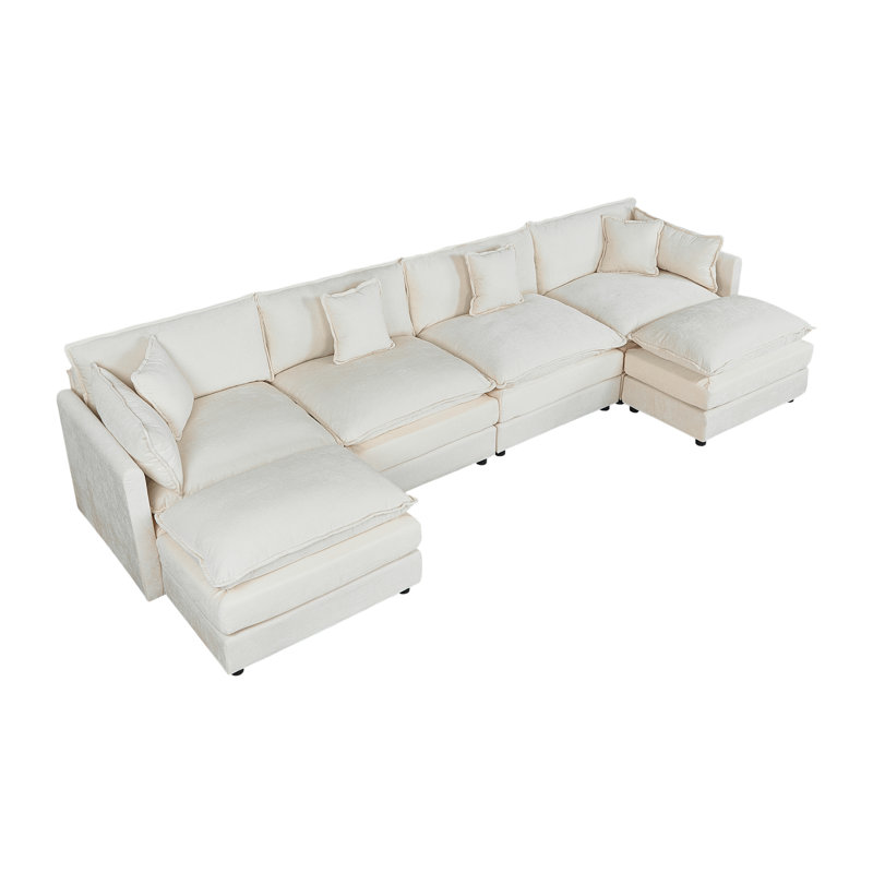 Modern Chenille Loveseat Sofa Couch With Ottoman, 33.85" H x 147.22" W x 35.82" D, Beige Chenille