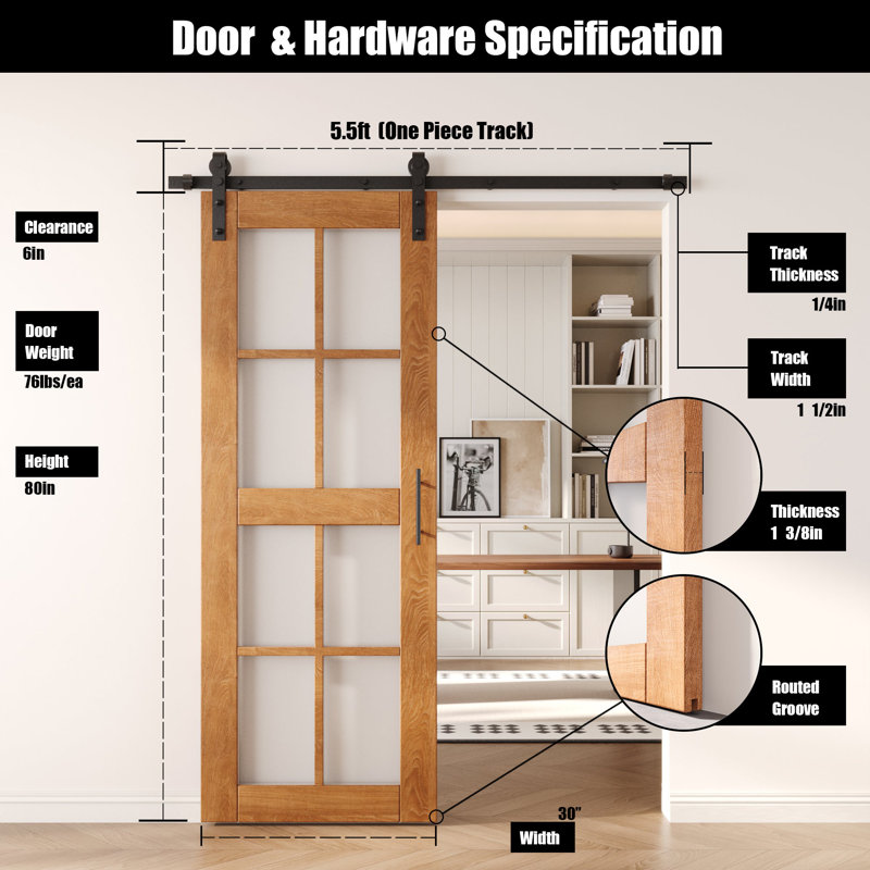 Porte de grange non assemblée et fini en verre de 30 po x 80 po avec ensemble de quincaillerie Homacer Early American 30 po x 80 po, utilisation intérieure seulement