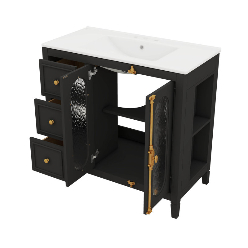 Meuble-lavabo moderne de 36 po avec 3 tiroirs et 2 portes à fermeture silencieuse, Noir