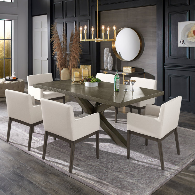 Carrazco Weathered Wood Finish Table With Cross Base Dining Set - 72" Table With Beige Linen, Track Arm Chairs, 7-Piece