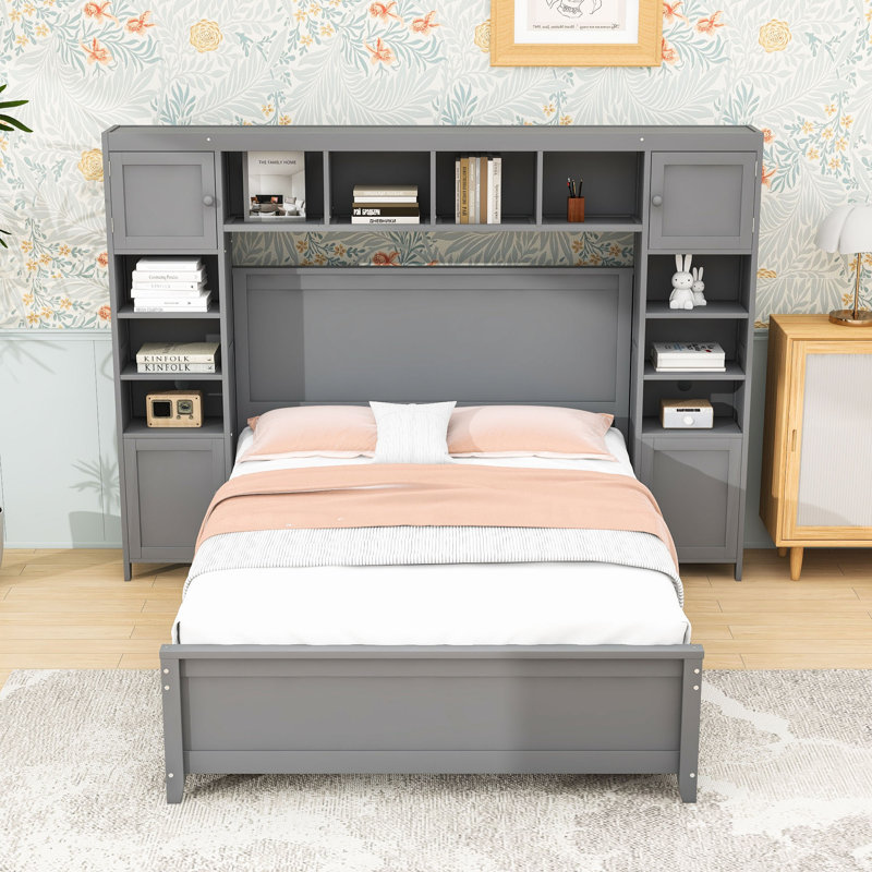 Lit double en bois avec rangement intégré et tablettes décoratives, Gris