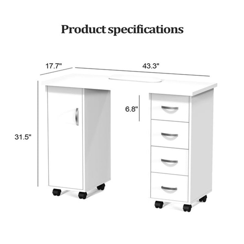 Table manucure blanche avec repose-poignets, armoire et tiroirs