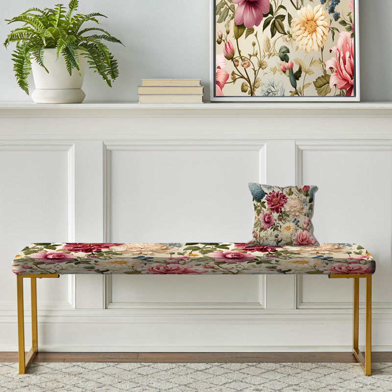 Pastel Shades Garden Delight - Floral Upholstered Gold Bench