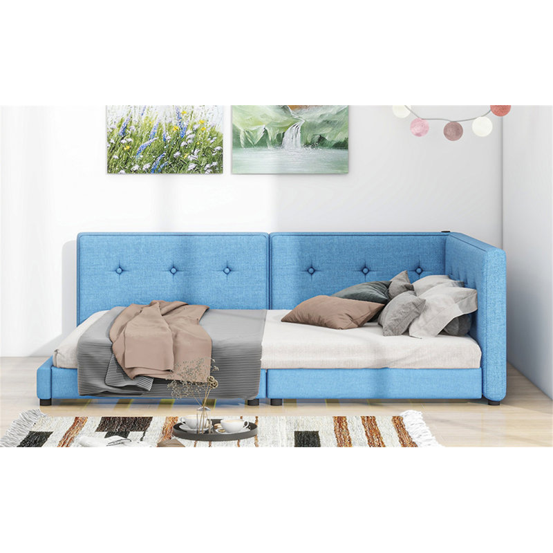 Lit plateforme tapissier avec ports USB, Bleu, Queen