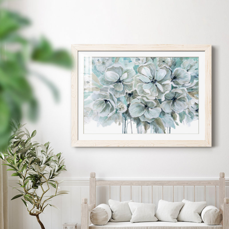 Bleu sarcelle harmonie I - peinture encadrée, H 20 po x l 17 po x P 1,5 po, Cadre blanc