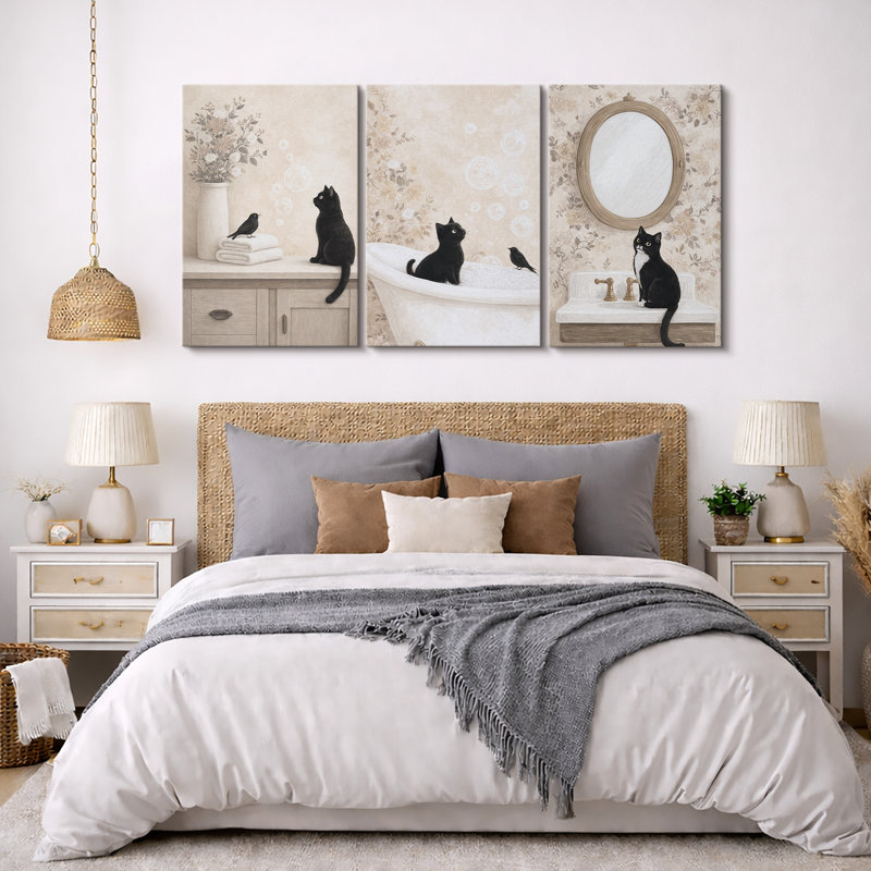 Art de chat fantaisiste, images de salle de bain et de coiffeuse, impression sur toile encadrée, 3 pièces, Toile tendue