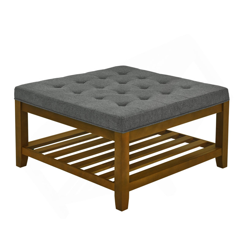 Grande table basse avec repose-pieds carré en lin capitonné avec tablette et cadre en bois de hêtre, repose-pieds surdimensionné pour le salon, gris foncé