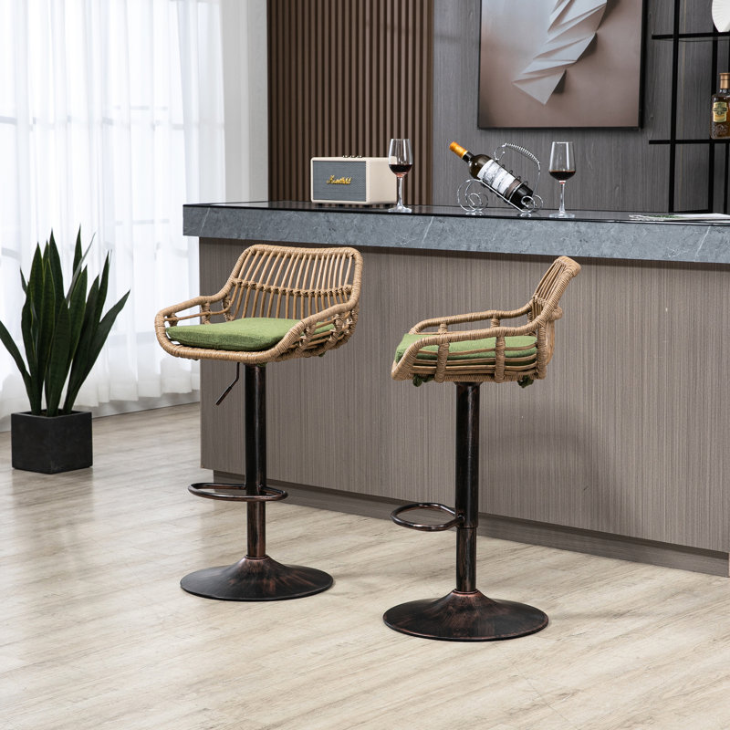 Counter Height Swivel Chairs   Of 2  - With Footrest For Kitchen & Dining, Metal Base, Linen Upholstered Pad 2Pcs Bar Stools, Adjustable Footrest, Seat, Base Dining