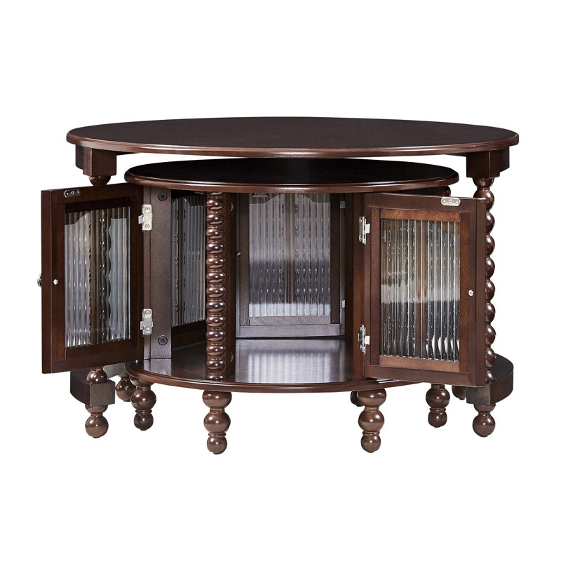Table basse gigogne vintage rétro, six portes décoratives en verre en forme de bambou, pieds rétro perlés, noyer, 31,5 po