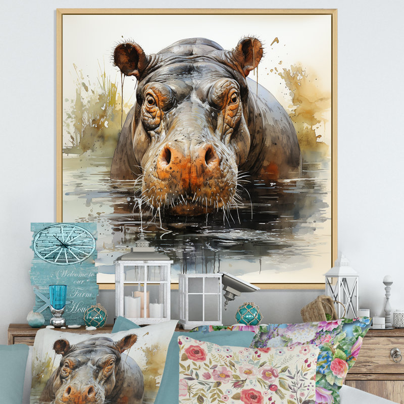 Hippopotame gris et gris, H 30 po x l 30 po x P 1,5 po, Cadre flottant brun