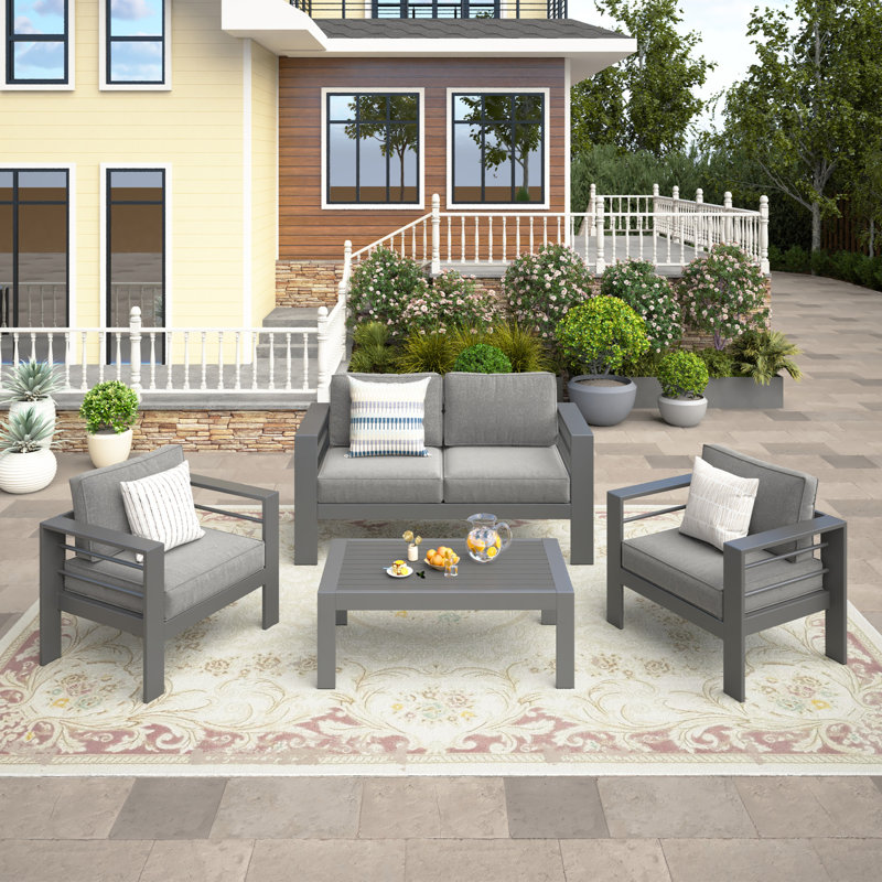 Ensemble de mobilier d'extérieur 4 pièces avec coussins améliorés, Coussin gris / cadre gris