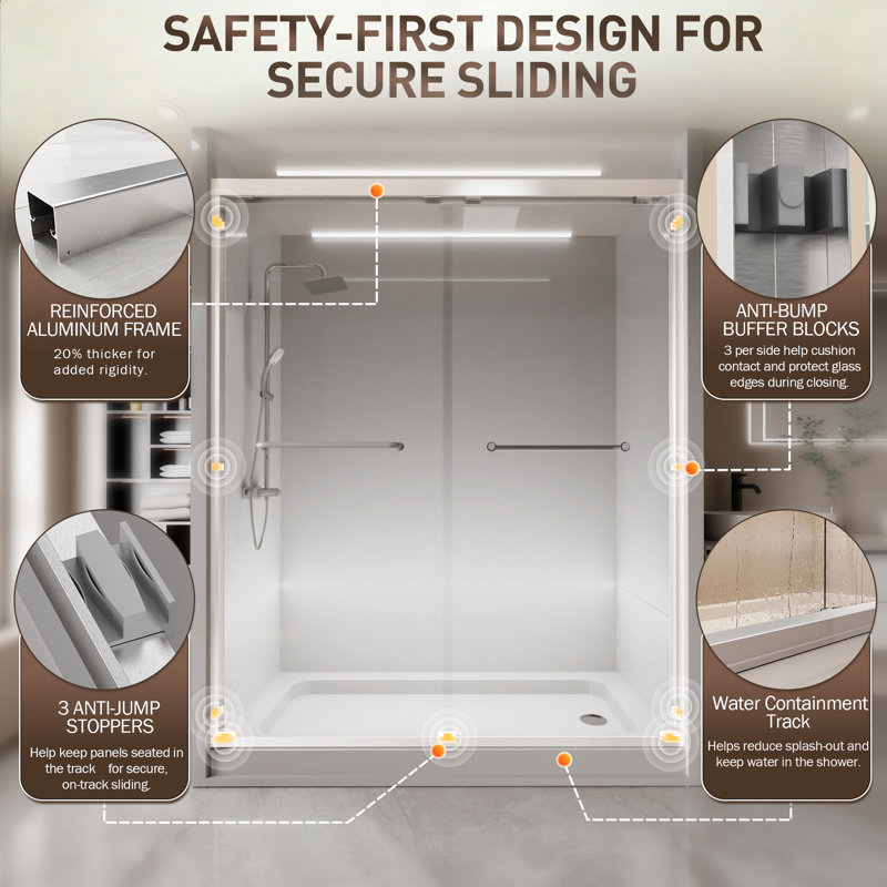 56" - 60" W x 72" H Double Sliding Framed Shower Door with 1/4-in (6mm) Tempered Glass and Quiet Rollers, Brushed Nickel