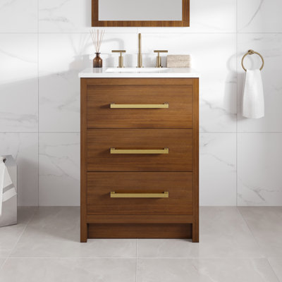 Meuble-lavabo simple en noyer de 24 po Bangor avec comptoir en pierre d'ingénierie Arabescato et lavabo en porcelaine encastré