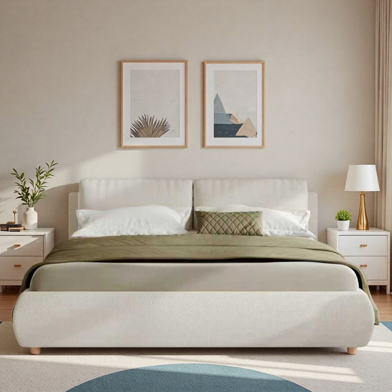 Upholstered Platform Bed With 2 Removable Pillows And Wood Legs