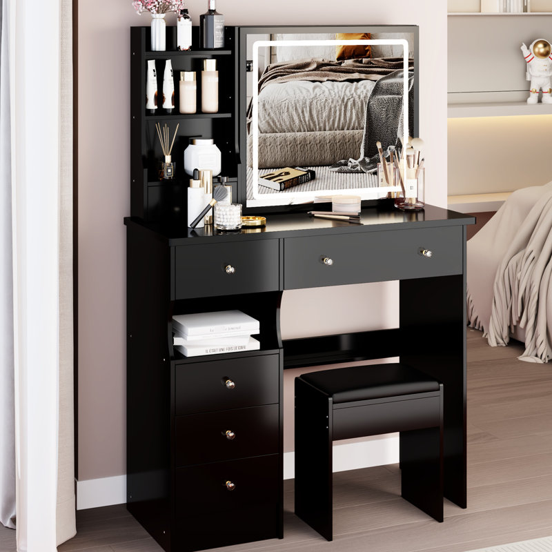 37 - Inch Middle Sized Vanity Table With Left Drawer, Cushioned Stool, Touch Operated Tri Color Brightness Adjustable Mirror And Ample Storage For Big Spaces Drawer Desktop Large Sliding Controlled