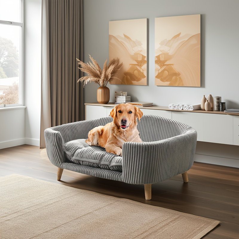 Lit pour chien surélevé pour petits chiens - Canapé en velours côtelé avec pieds en bois d'hévéa et mousse de soutien, assemblage facile pour les animaux de compagnie 11 à 25 lb