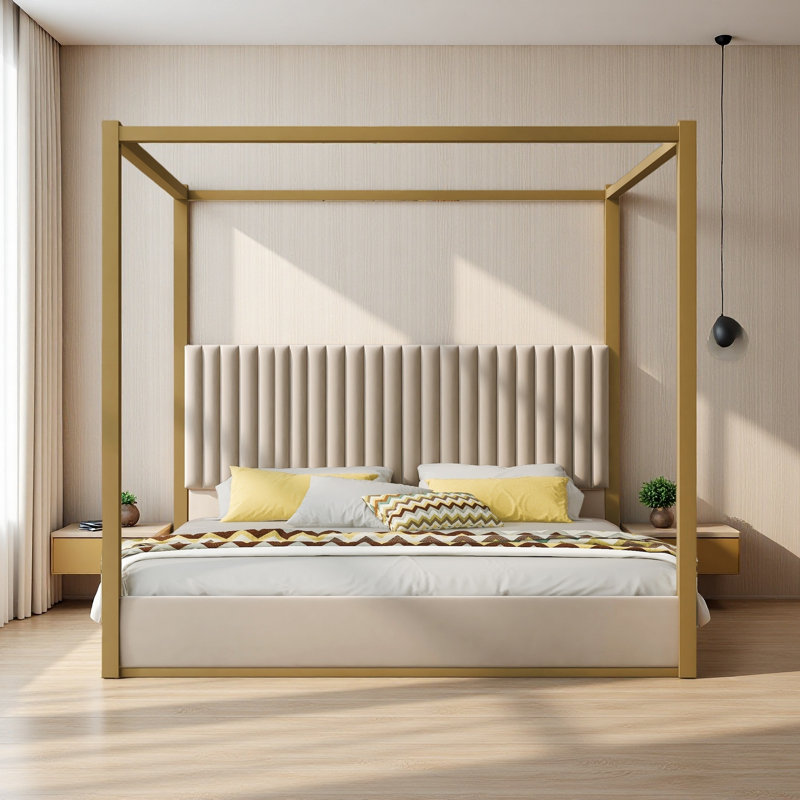 Très grand lit plateforme à baldaquin avec tête de lit et structure en métal, Beige