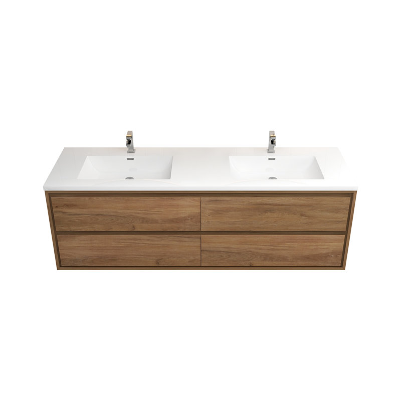 Meuble-lavabo mural double l 71 po x P 19,6 po x H 21,75 po Aurik, Chêne naturel