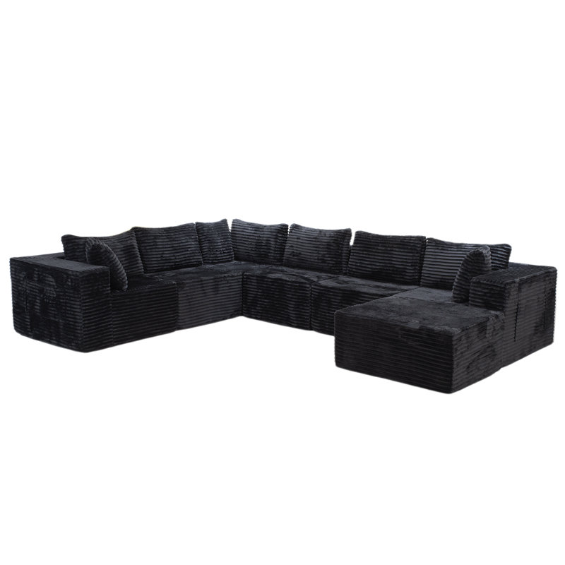 Koli 126" U-Shaped Compression Sectional Couch for 5, Corduroy Cloud Couch, Black