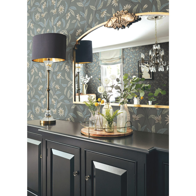 Papier peint floral Helghi, Gris anthracite