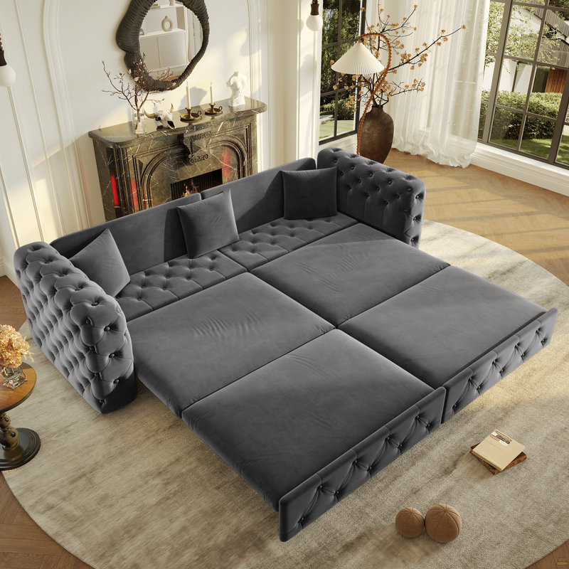 Très grand canapé-lit multifonctionnel de 89 po, canapé-lit coulissant 3 en 1, canapé classique en velours 4 places avec design capitonné, comprend 3 coussins décoratifs, convenant aux appartements et aux salons, gris
