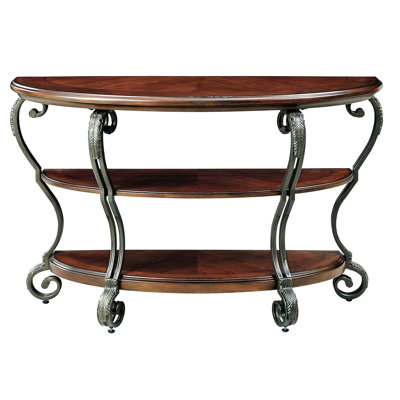 Solid Wood Brown Cherry Table With Open Bottom Shelf And Ornate Texture End Detail