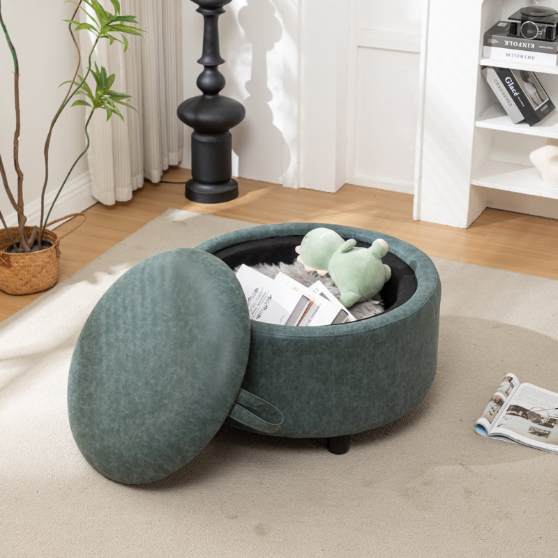 Savinien Upholstered Round Storage Ottoman, Blue Performance Faux Leather