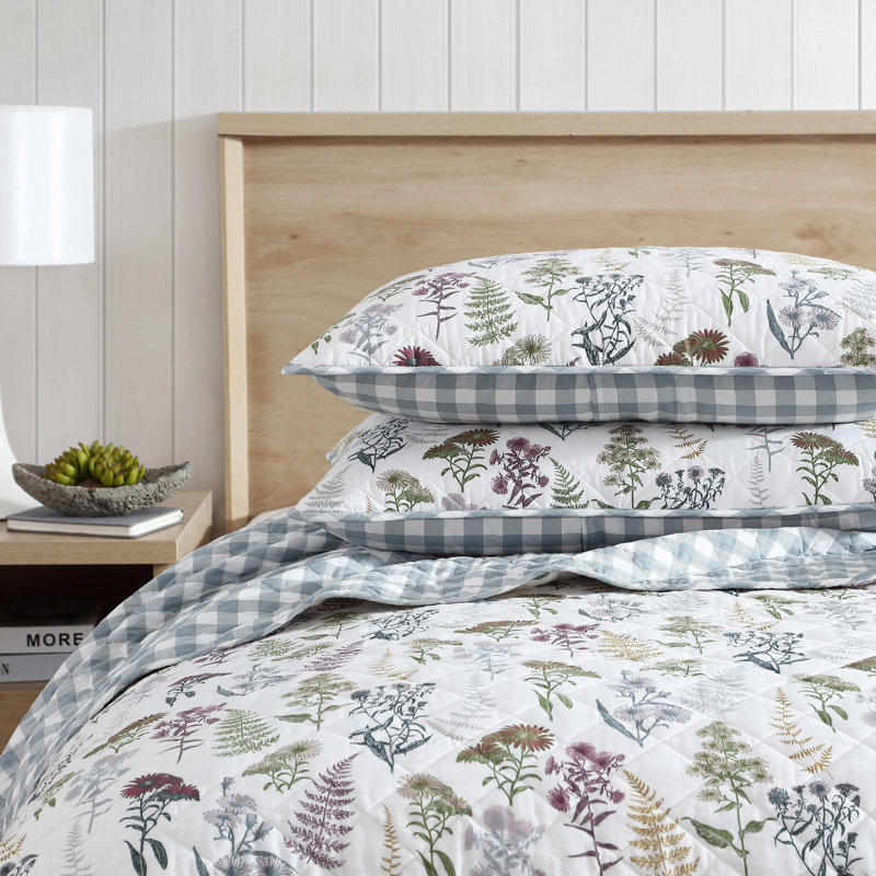 King White Cotton Reversible Quilt Set with Floral Print