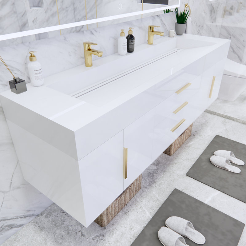Ensemble de meuble-lavabo mural double l 72 "Glasgow, Blanc très luisant